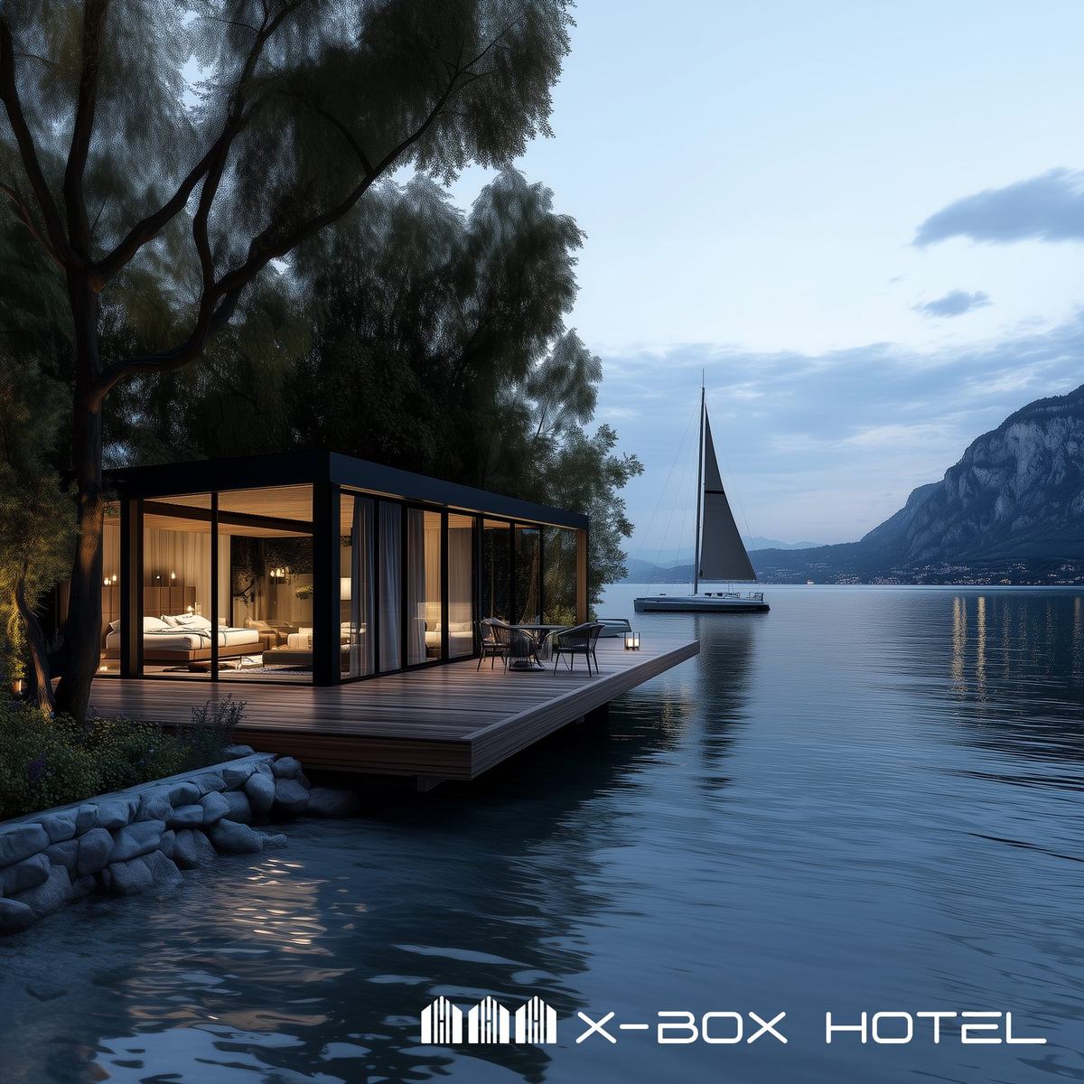 Suite modulare su pontile al tramonto sul lago