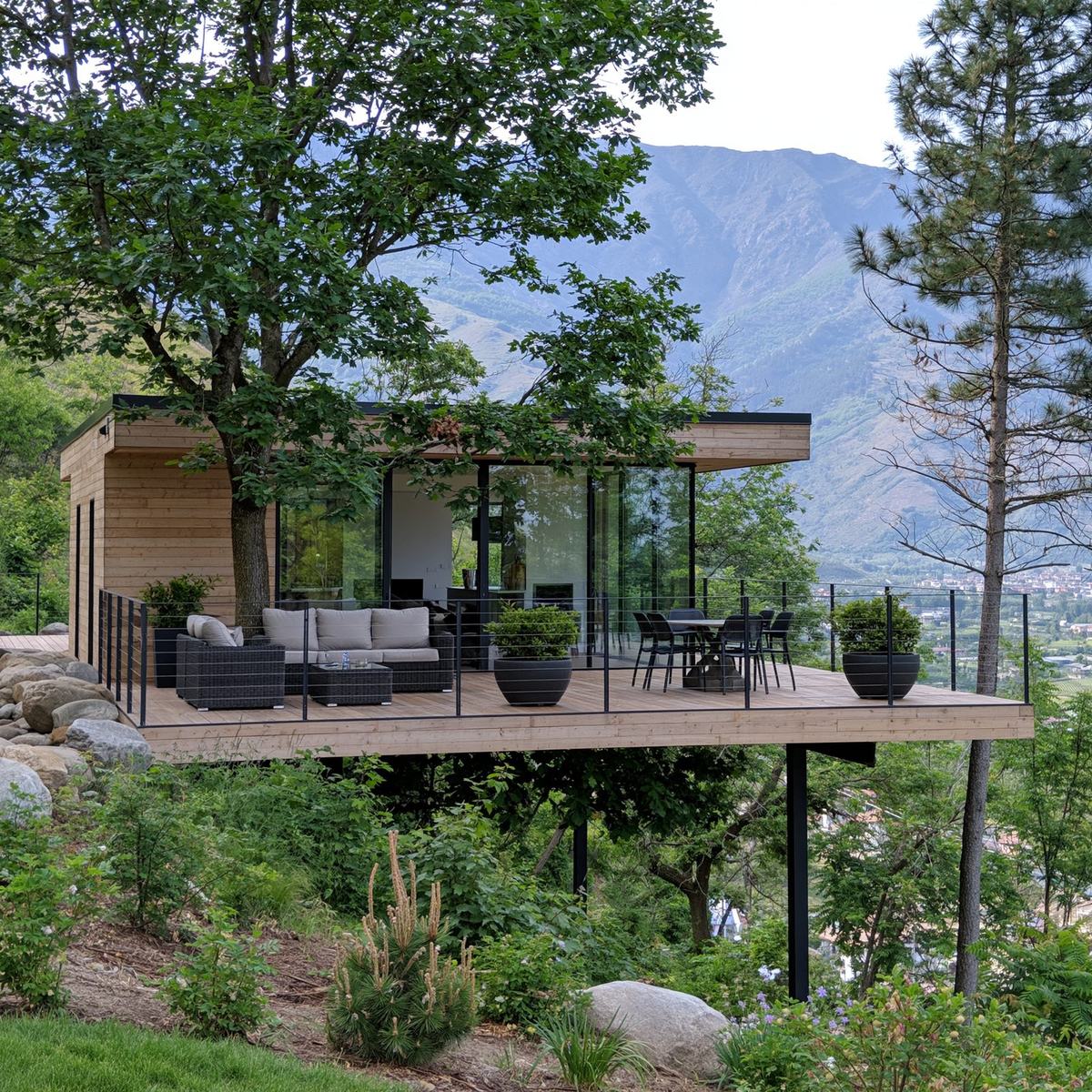 Modulo ricettivo sospeso fra gli alberi su pendio con terrazza panoramica