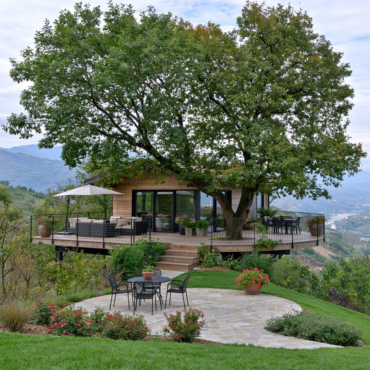 Casa sull'albero con terrazza circolare attorno a una quercia