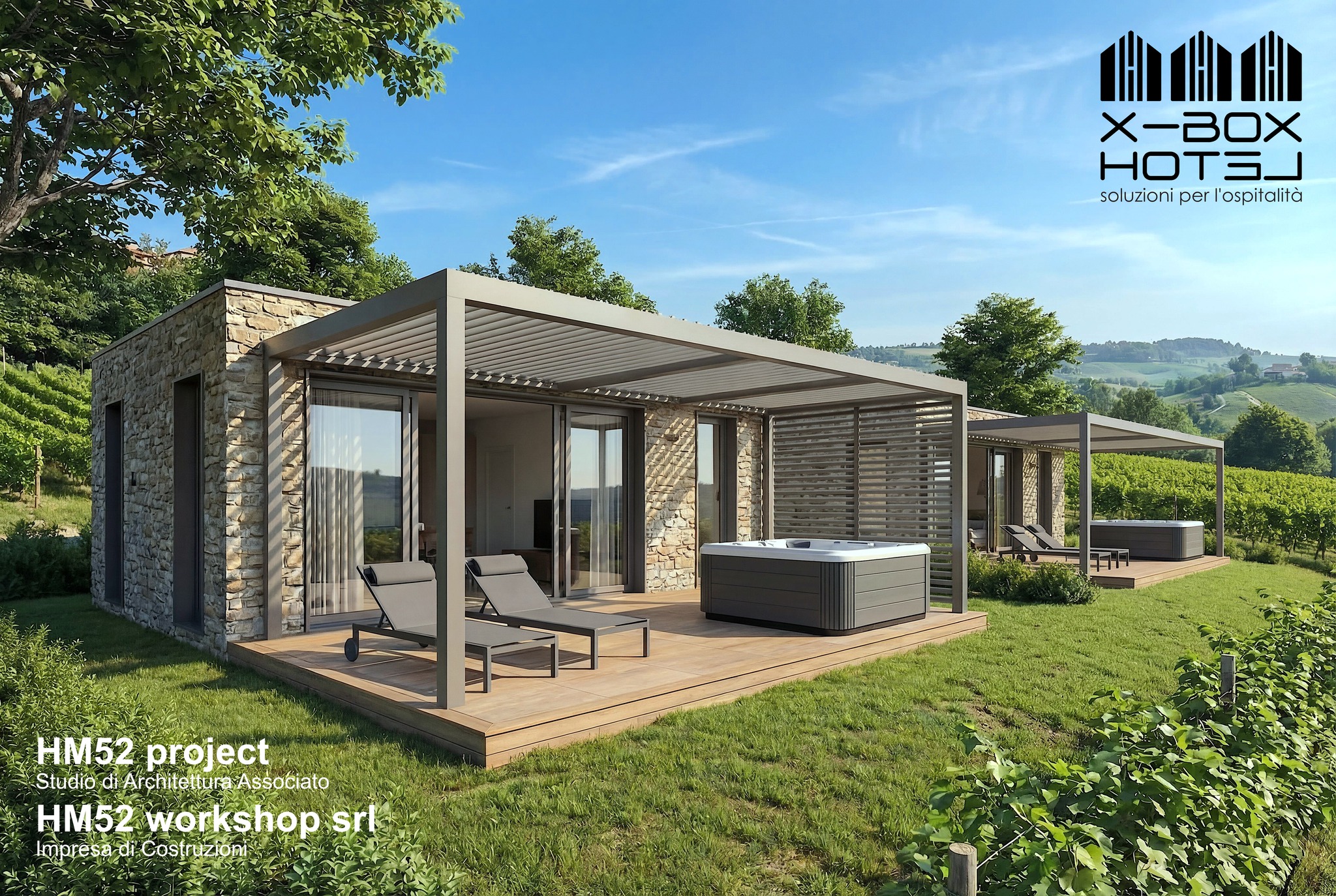 Modulo X-BOX in pietra con pergola e jacuzzi su vigneto