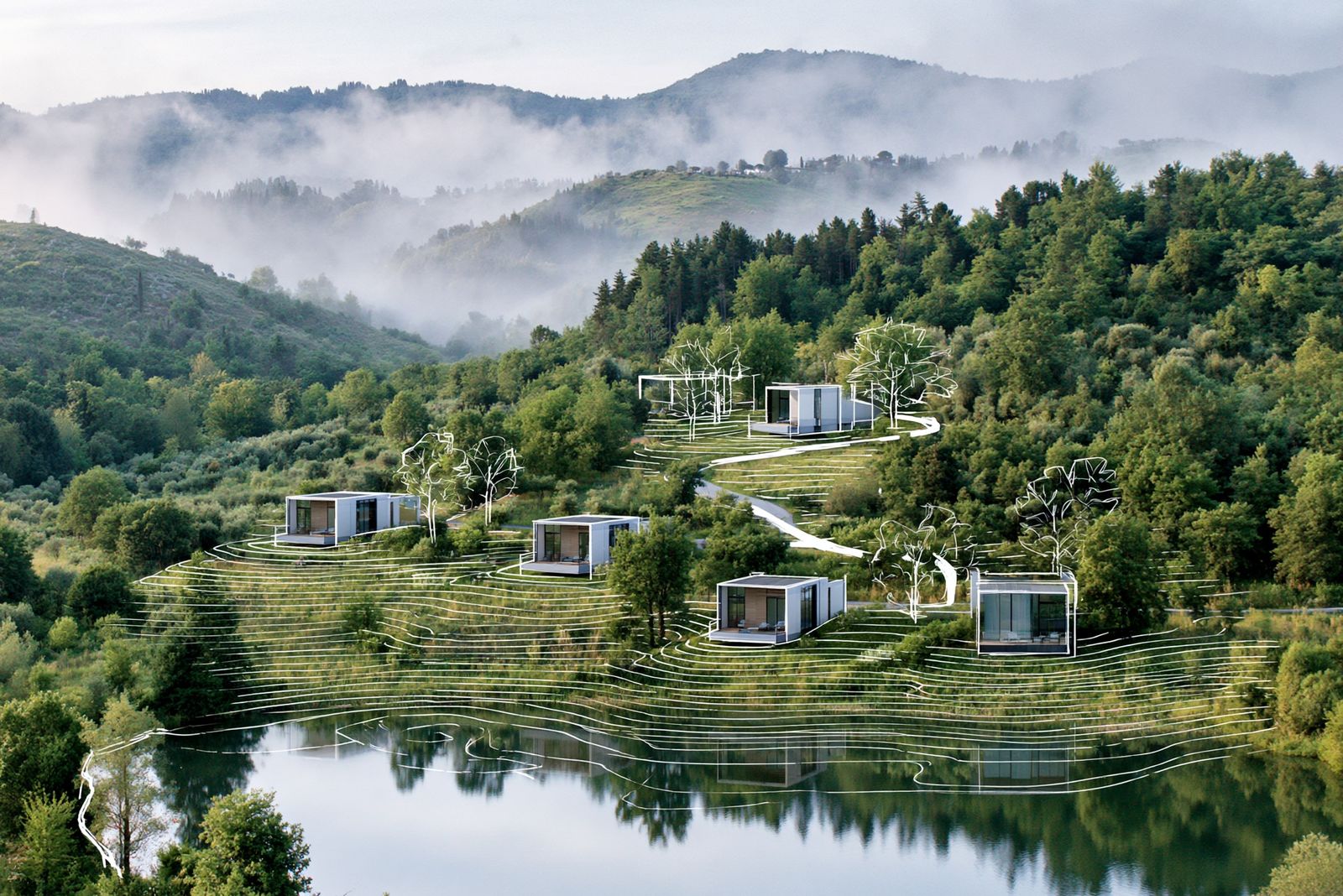 Masterplan di lodge modulari disegnato sul territorio reale: cinque unità su collina affacciata su un lago, con curve di livello e alberature di progetto tracciate a mano